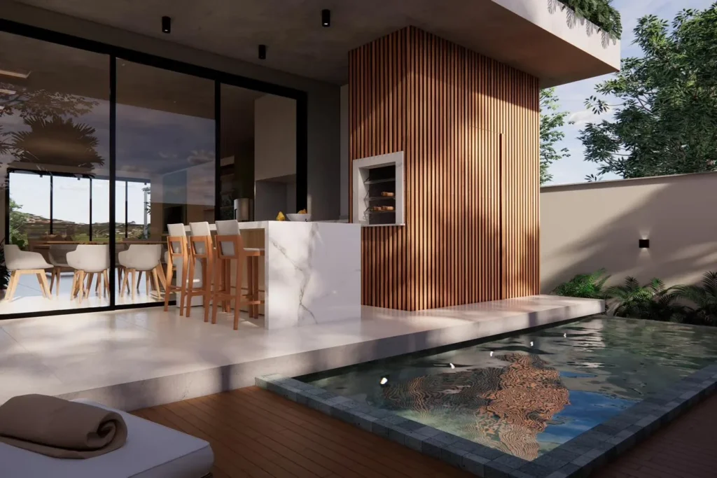 Projeto 3D de área gourmet com bancada em mármore, churrasqueira revestida em madeira ripada e piscina