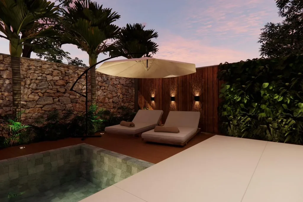 Projeto 3D de deck com espreguiçadeiras, piscina revestida em pedra e paisagismo iluminado ao entardecer