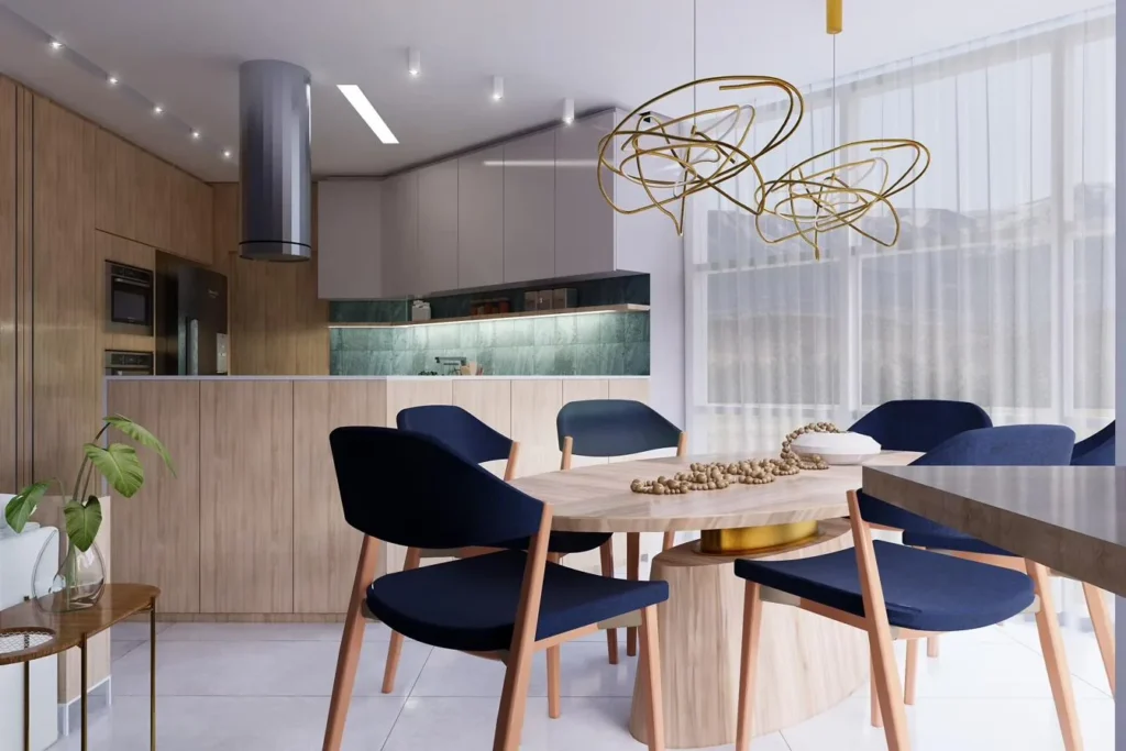 Projeto 3D de sala de jantar com mesa oval, cadeiras azuis e luminárias douradas