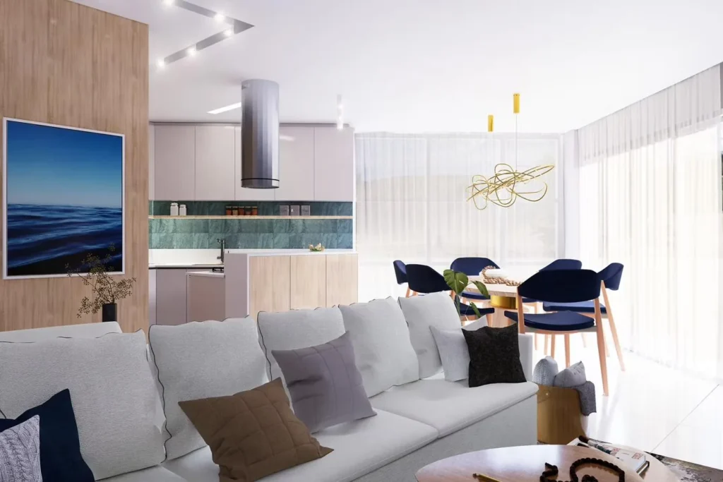 Projeto 3D de sala integrada com cozinha e mesa de jantar com cadeiras azuis