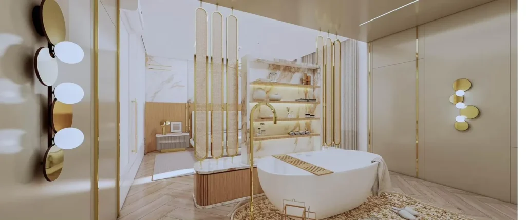 Projeto 3D de suíte com banheira de imersão, prateleiras em mármore e detalhes dourados